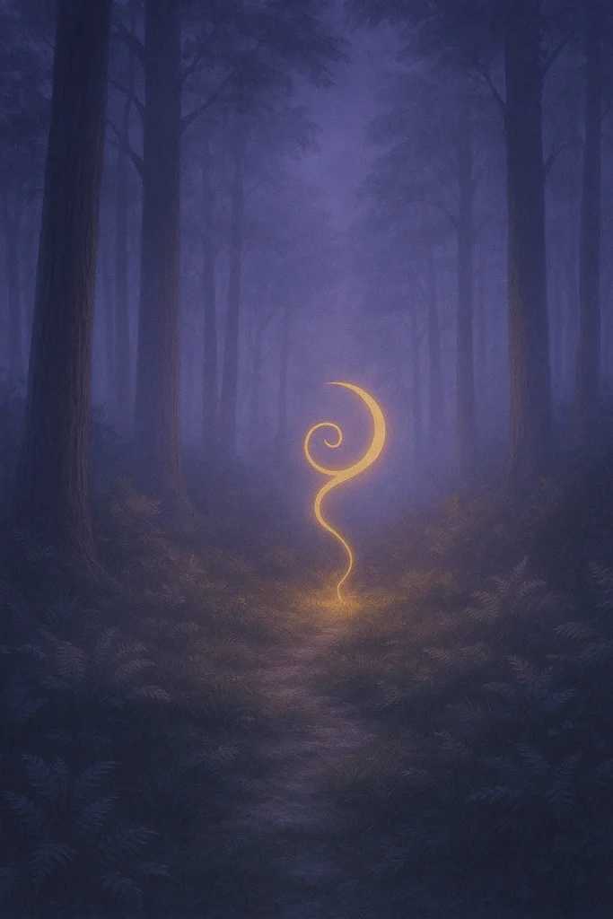 A spiral glade lit by violet mist at dawn