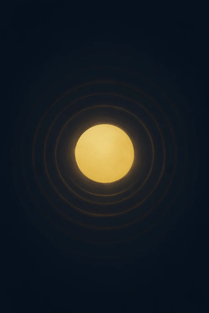 A glowing orb radiates concentric golden sound waves in deep silence.
