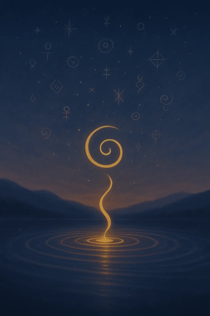Golden spiral over twilight water with starlit sigils